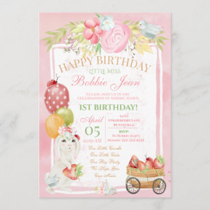Rosa Bunny Ladybug Strawberry Blommigt födelsedag Inbjudningar