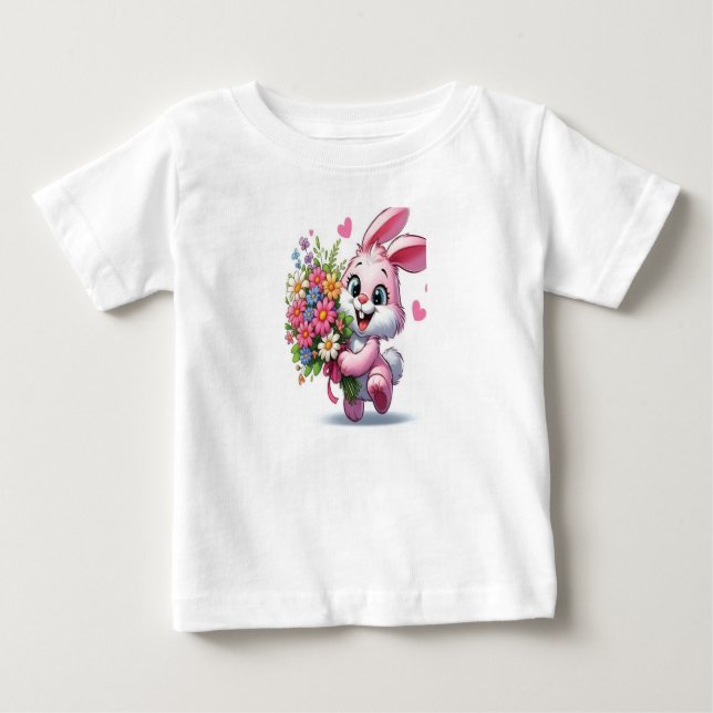Rosa Bunny med blommor Flicka T-Shirt (Framsida)