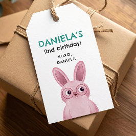 Rosa bunny med födelsedagsfest av glas för flickor presentetikett