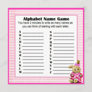 Rosa Bunny om Alphabet Namn & Bingo Game Shower  B Inbjudningar