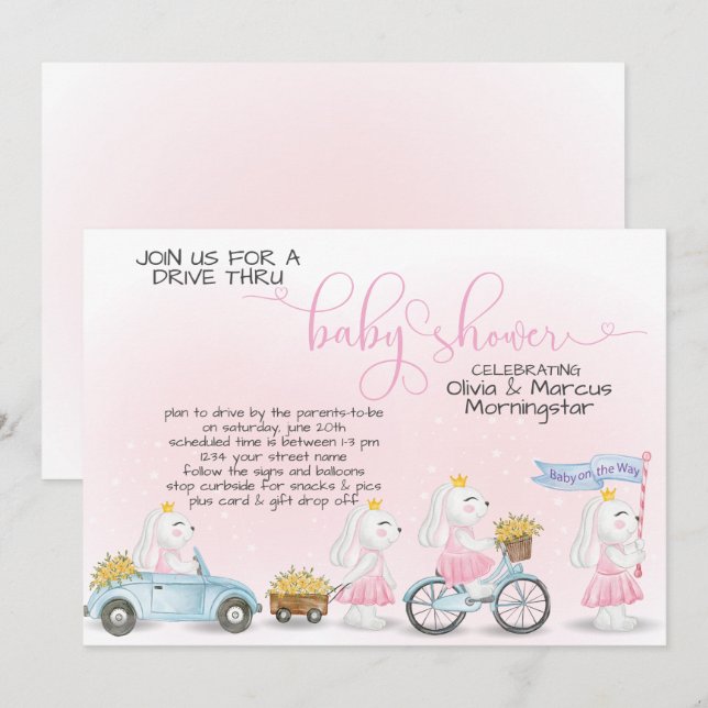 Rosa Bunny Parad Drive Thru Baby SHower Inbjudningar (Fram/baksida)