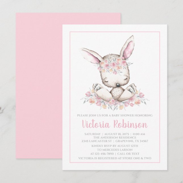 Rosa Bunny Rabbit Baby Shower Inbjudningar (Fram/baksida)