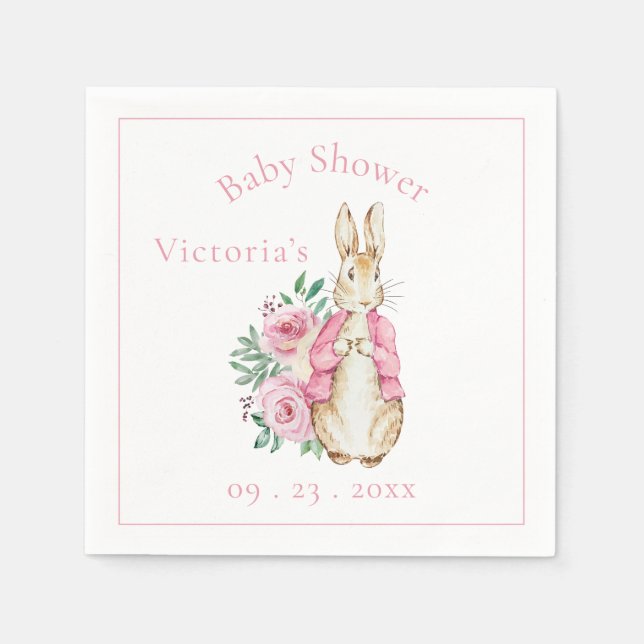 Rosa Bunny Rabbit Blommigt Baby Shower Pappersservett (Framsidan)