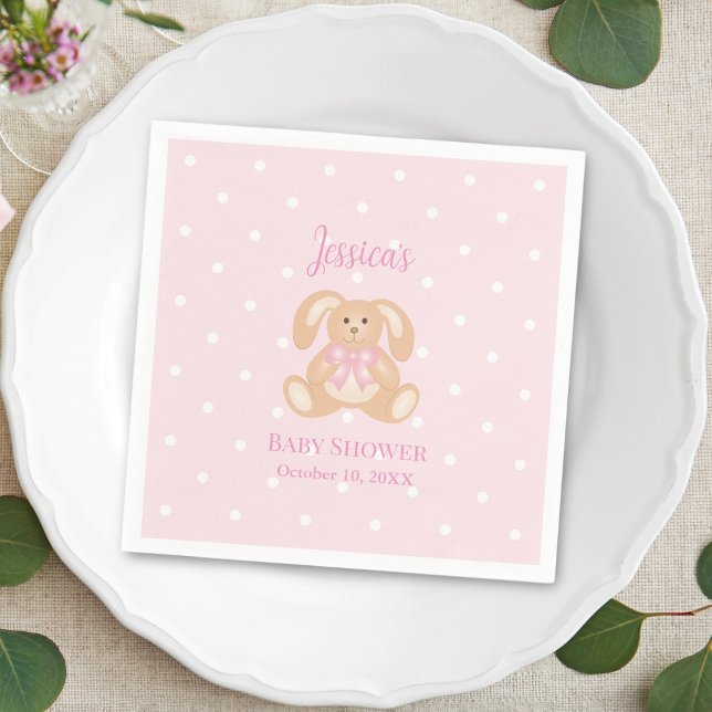 Rosa Bunny Rabbit Cute Polka dots Girl Baby Shower Pappersservett (Skapare uppladdad)