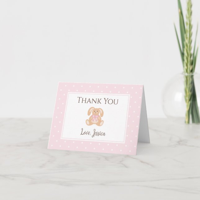 Rosa Bunny Rabbit Cute Polka dots Girl Baby Shower Tack Kort (Framsida)