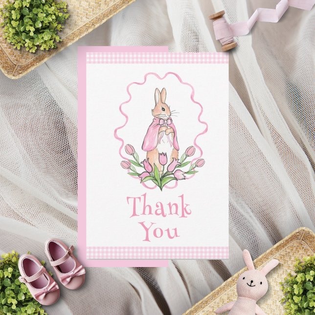 Rosa Bunny Rabbit Gingham Blommigt Baby Shower Tack Kort (Skapare uppladdad)