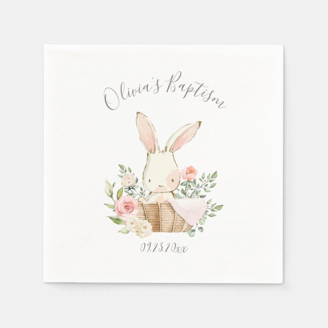 Rosa  Bunny Rabbit Girl Baby Baptism Napkins Pappersservett (Framsidan)
