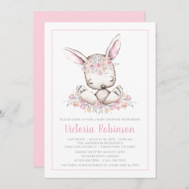Rosa Bunny Rabbit Girl Watercolor Baby Shower Inbjudningar (Fram/baksida)