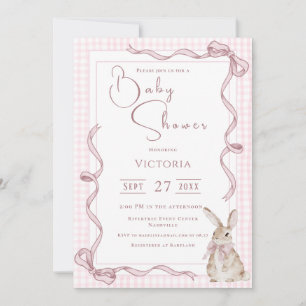 Rosa Bunny Ribbon Vintage Baby Shower Inbjudningar