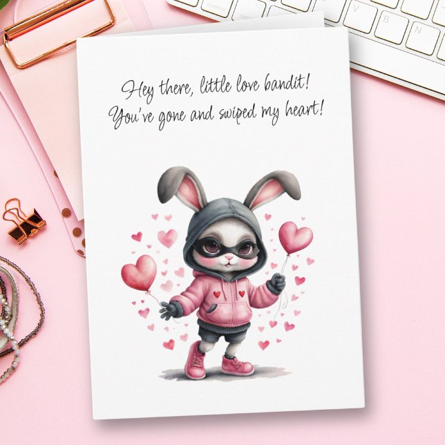 Rosa Bunny Steals Heart Valentindagen Kort (Adorable Pink Bunny Steals Heart Valentine's Day Card)