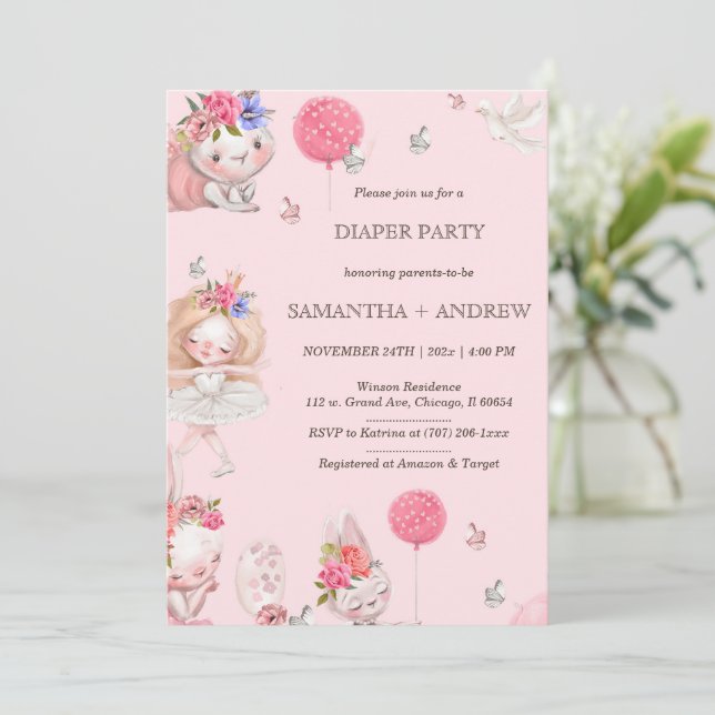 Rosa Bunny Thned Diaper Party Inbjudningar (Stående Fram)