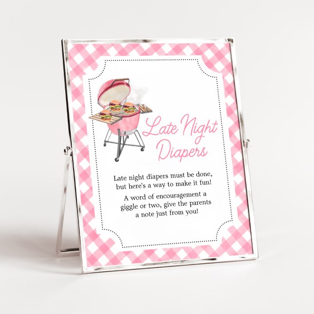 Rosa Burger BBQ Baby Shower Sent Natt Diables Poster (Girl Backyard BBQ Baby Shower Late Night Diapers Sign)