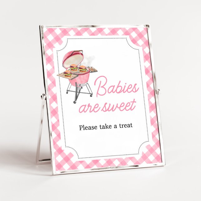 Rosa Burger BBQ Baby Shower Spädbarn är Sweet Poster (Girl Backyard BBQ Baby Shower Babies are Sweet Sign)