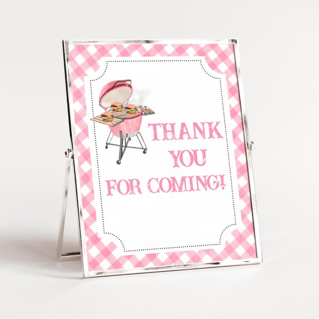 Rosa Burger BBQ Baby Shower Tack för att komma Poster (Girl Backyard BBQ Baby Shower Thank You for Coming Sign)