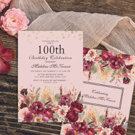 Rosa burgunder Blommig Guldglitter 100-årsdag Inbjudningar