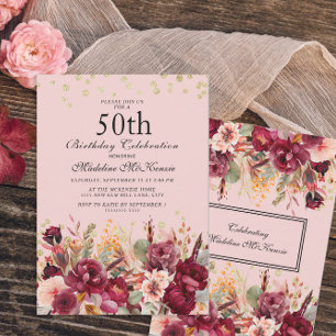 Rosa burgunder Blommig Guldglitter 50-årsdag Inbjudningar