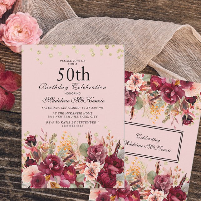 Rosa burgunder Blommig Guldglitter 50-årsdag Inbjudningar (Skapare uppladdad)
