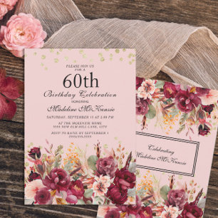 Rosa burgunder Blommig Guldglitter 60-årsdag Inbjudningar