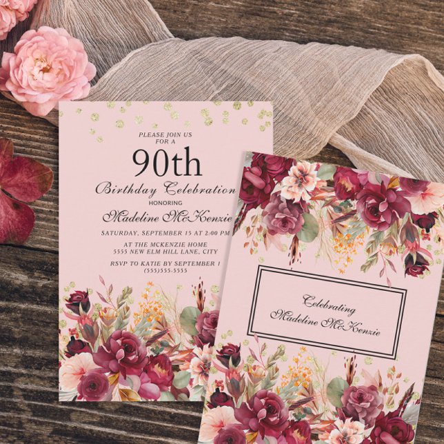 Rosa burgunder Blommig Guldglitter 90-årsdag Inbjudningar (Skapare uppladdad)