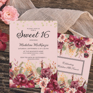 Rosa burgunder Blommig Guldglitter Sweet 16 Inbjudningar