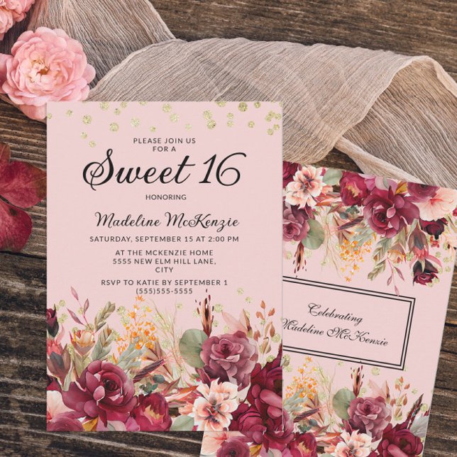 Rosa burgunder Blommig Guldglitter Sweet 16 Inbjudningar (Skapare uppladdad)