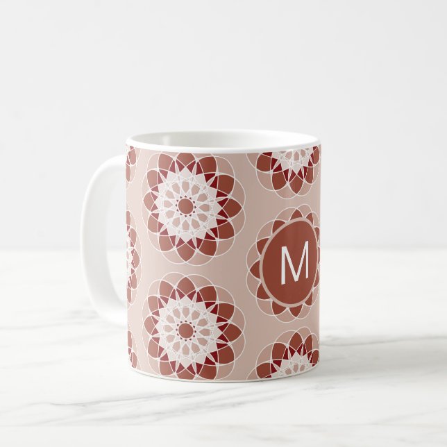 Rosa burgunder Blommig Mandala Mönster Monogram Kaffemugg (Framsida vänster)