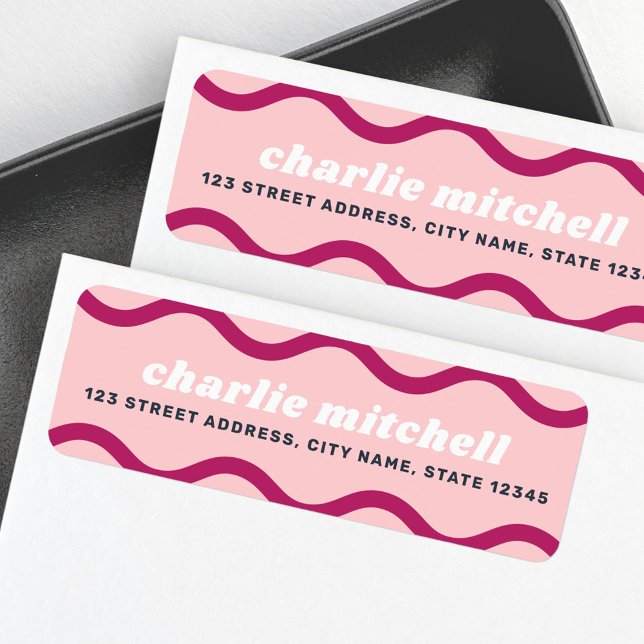 Rosa burgunder retro snirklig linje returadress etikett (Pink burgundy retro squiggly line return address label)