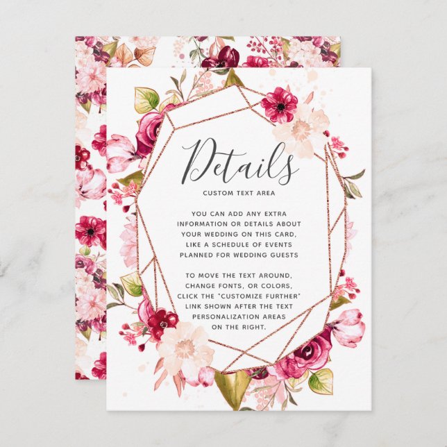 Rosa burgundergeometriskt terrarium Bröllopsdetalj Inbjudningar (Fram/baksida)