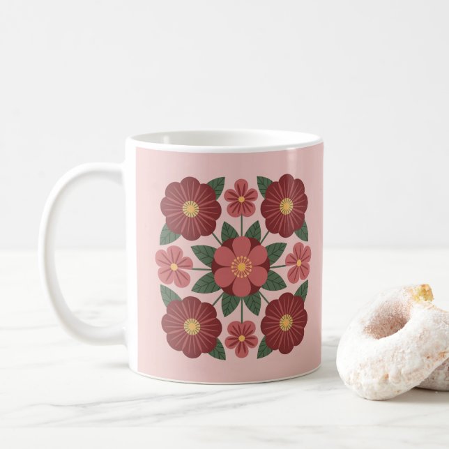 Rosa Burgunderröda Blommor Krus Kaffemugg (Med munk)