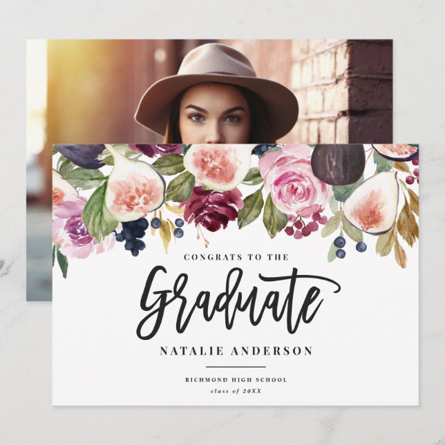 Rosa burgundfoto blommigt student gratulerar (Fram/baksida)