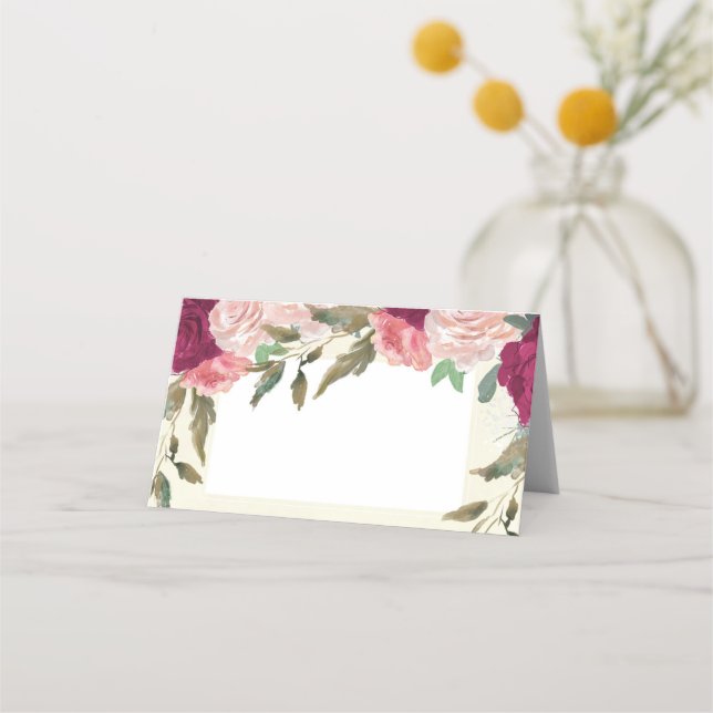 rosa  burgundisk blommigt elfenbensfolie bröllop placeringskort (Framsida)