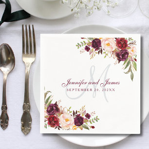 Rosa burgundisk blomster monogram vattenfärg bröll pappersservett