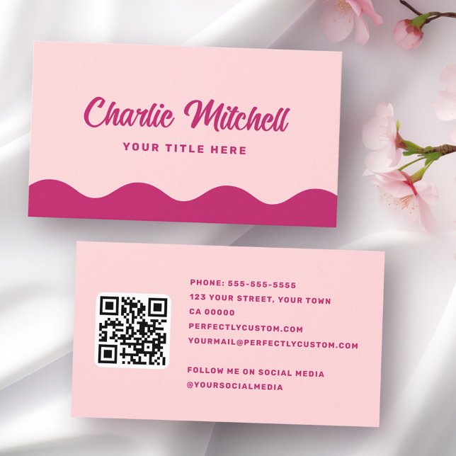 Rosa burgundretro namn vågigt vinkarare gräns visitkort (Pink burgundy retro name wavy waves border business card)