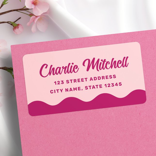 Rosa burgundretro vågigt gräns returadress adressetikett (Pink burgundy retro wavy border return address label)