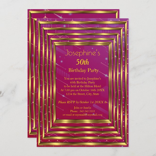 Rosa Burgundy 50:e Födelsedagsfesten Guld Inbjudningar (Fram/baksida)