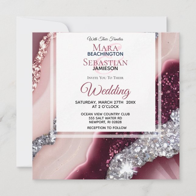 *~* ROSA BURGUNDY AGate OSA QR AR66 Bröllop Inbjudningar (Framsida)