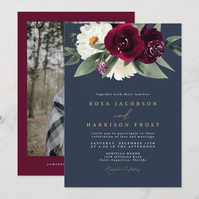 ROSA Burgundy and Navy Blommigt Winter Wedding Inbjudningar (Fram/baksida)
