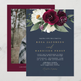 ROSA Burgundy and Navy Blommigt Winter Wedding Inbjudningar