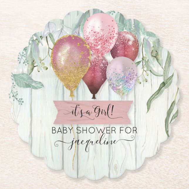 Rosa Burgundy Balloon Wood Rustic Flicka Shower Underlägg Papper (Framsida)