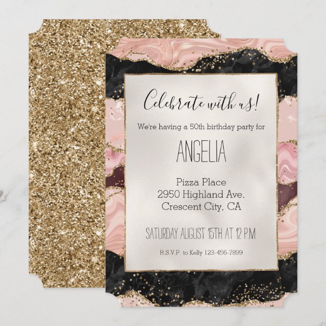  Rosa Burgundy Black Glitzy Glitter Inbjudningar (Fram/baksida)
