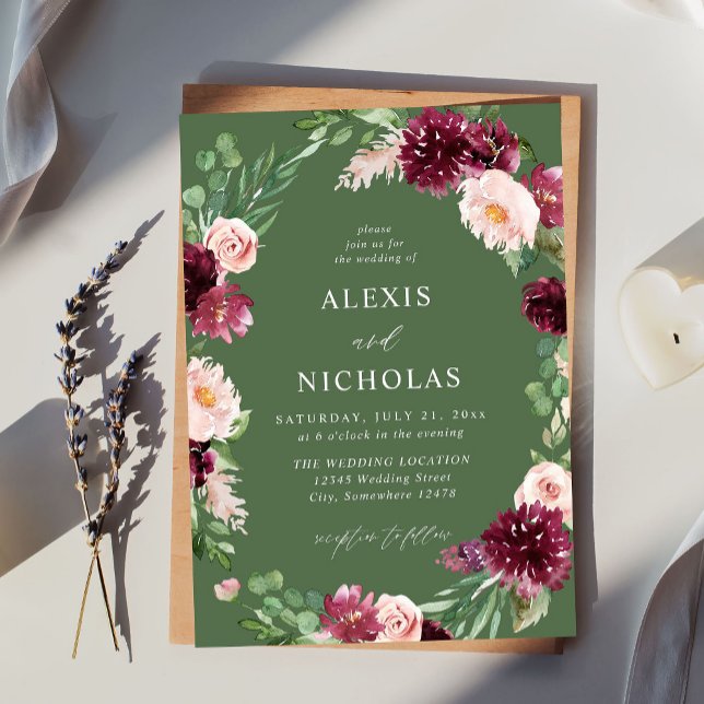 Rosa & Burgundy Blommigt 7 Bröllop - Grönt Inbjudningar (Skapare uppladdad)