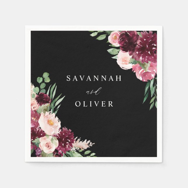 Rosa & Burgundy Blommigt 7 Namn - Svart blöjor Pappersservett (Framsidan)