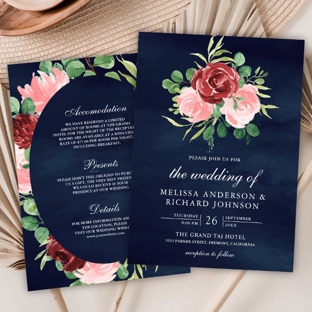  Rosa Burgundy-Blommigt Alla i en marin Bröllop Inbjudningar (Skapare uppladdad)