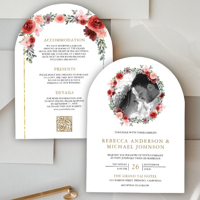  Rosa Burgundy Blommigt Arch Photo Bröllop Inbjudningar (Skapare uppladdad)
