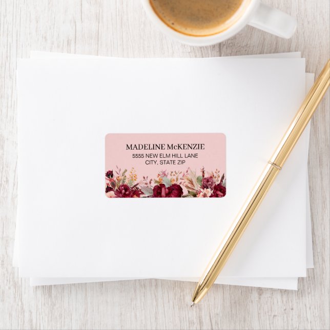 Rosa Burgundy Blommigt Botaniska kvinnor Adressetikett (Insitu)