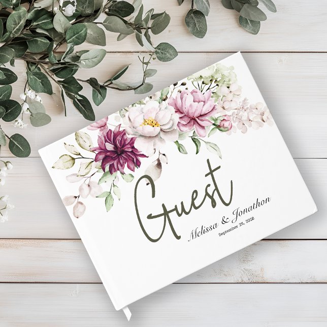 Rosa Burgundy Blommigt Elegant bröllop Gästböcker (Skapare uppladdad)