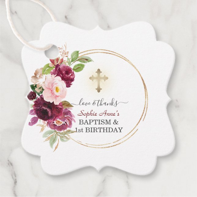 Rosa Burgundy Blommigt Girl 1st Birthday & Baptism Gåvor Etiketter (Framsida)