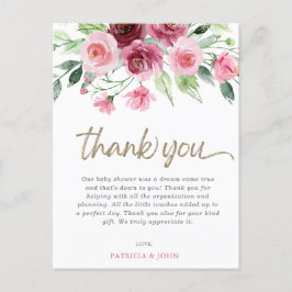 Rosa Burgundy Blommigt Girl Baby Shower Tack Vykort