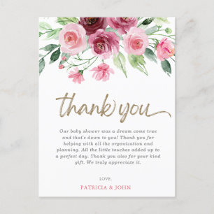 Rosa Burgundy Blommigt Girl Baby Shower Tack Vykort