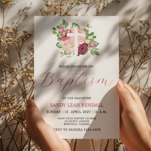Rosa Burgundy Blommigt Kor Girl Baptism-inbjudan Inbjudningar